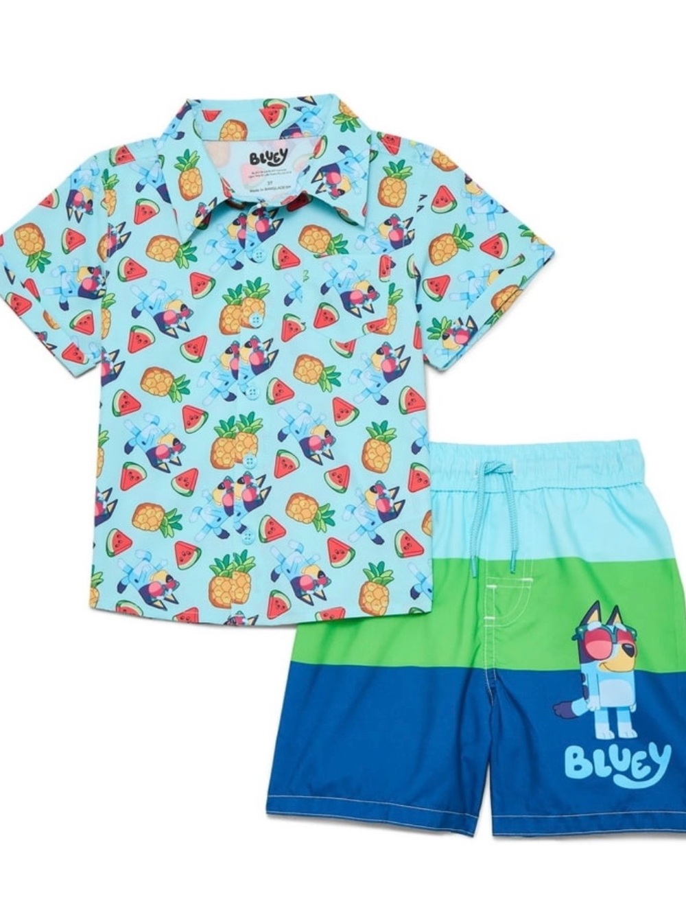 NWT boys Bluey swimming trunks with matching resort button up size 3t
